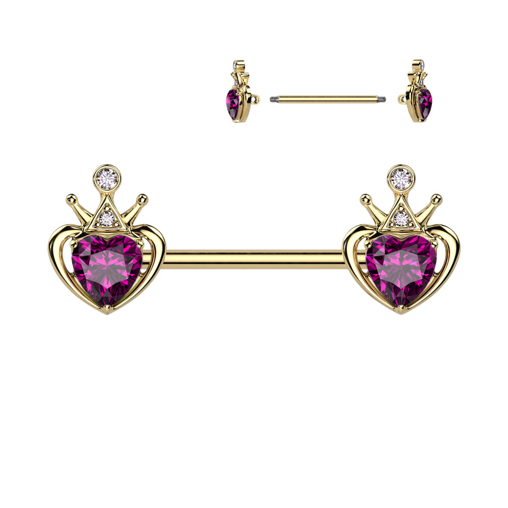 14G Surgical Steel Nipple Barbell W/ Crown and Pink Gem Heart Ends (14MM)
